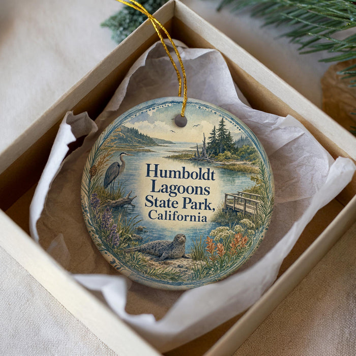 A decorative ornament in a white box, featuring a scenic image of Humbling Lagoon State Park, California.
