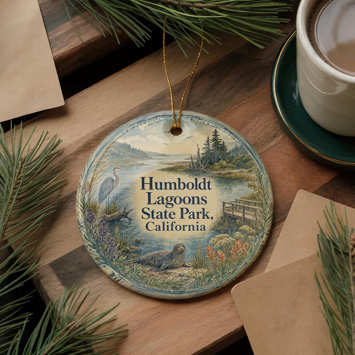 A decorative ornament featuring a scenic image of Humbling Lagoon State Park, California, with a bird and a body of water in the foreground.