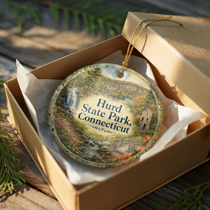 A decorative ornament in a box, featuring a scenic landscape with a waterfall and a building, with the text "Hurd State Park, Connecticut" printed on it.