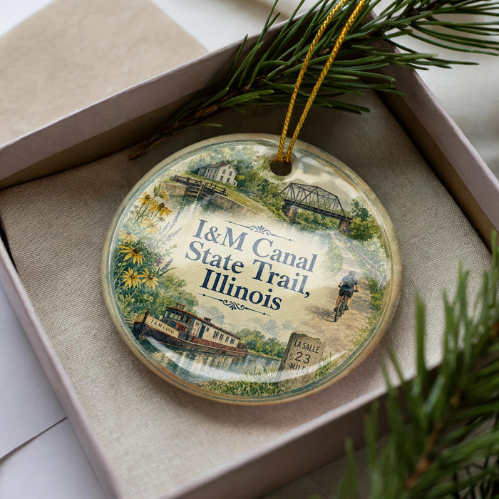 A decorative ornament in a box, featuring illustrations of a canal, bridge, and a person on a bicycle, along with the text "I&M Canal State Trail, Illinois".