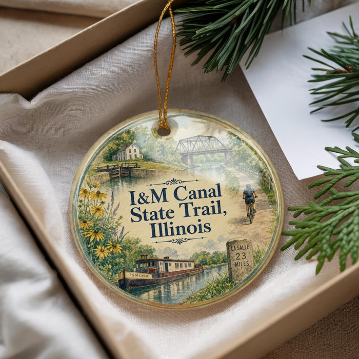 A decorative ornament with a scenic image of the I&M Canal State Trail in Illinois, featuring a bridge, a person on a bicycle, and a house.