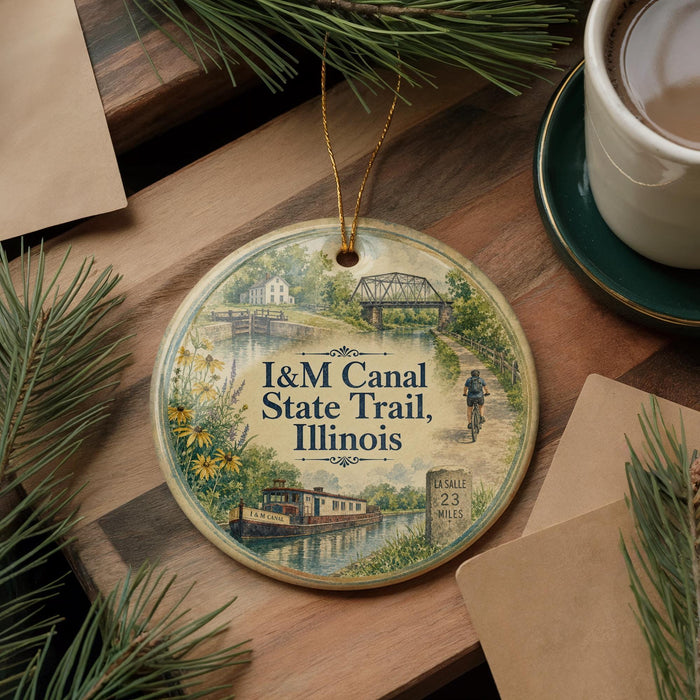 A decorative ornament featuring illustrations of the I&M Canal State Trail in Illinois, with a bicycle rider and a bridge in the background.