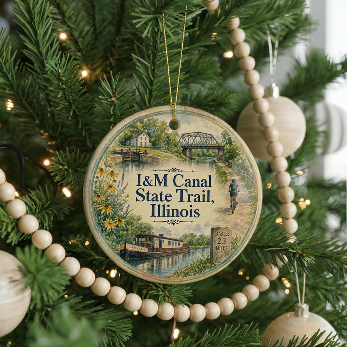 A round ornament hanging on a Christmas tree, featuring an illustration of the I&M Canal State Trail in Illinois.