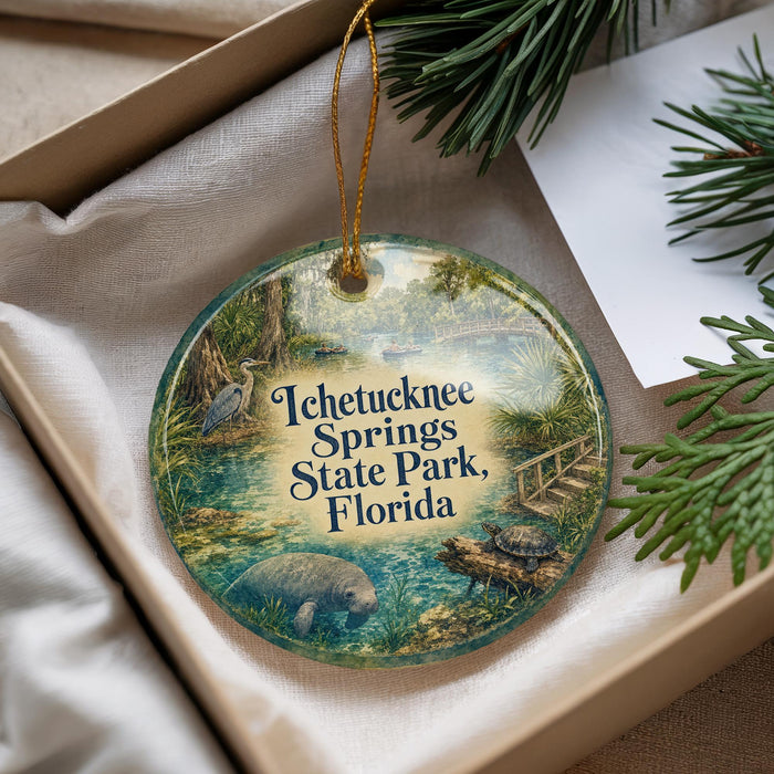 A decorative ornament with a nature scene featuring a manatee, a bird, and a turtle, along with text that says "Ichetucknee Springs State Park, Florida".