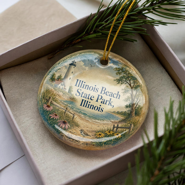 A decorative ornament in a box, featuring a lighthouse and a beach scene with flowers and greenery.