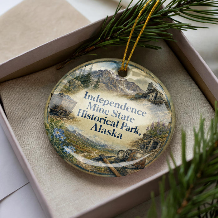 A decorative ornament with a scenic landscape of mountains, buildings, and greenery, featuring the text "Independence Mine Historical State Alaska" on it.