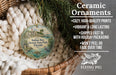 Ceramic ornaments, featuring a design of a tropical island with palm trees and a bird, are displayed in a woven basket.