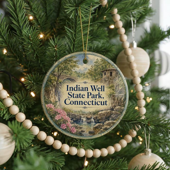 A round ornament hanging on a Christmas tree, featuring a scenic image of Indian Well State Park in Connecticut.