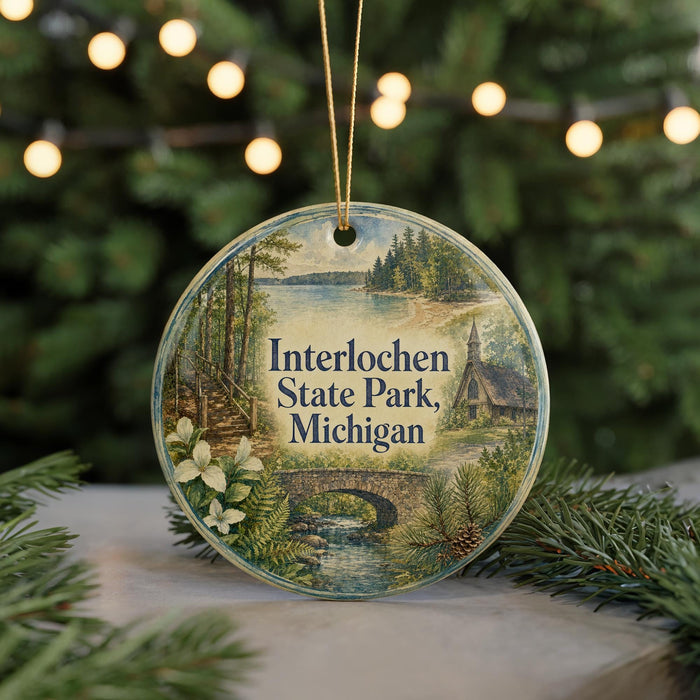 A round ornament with a scenic image of Interlochen State Park, Michigan, hanging from a string.