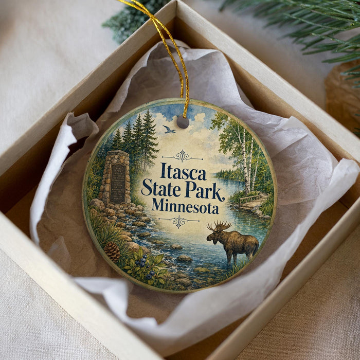 A decorative ornament in a box, featuring a moose and a scenic landscape with a river and trees.