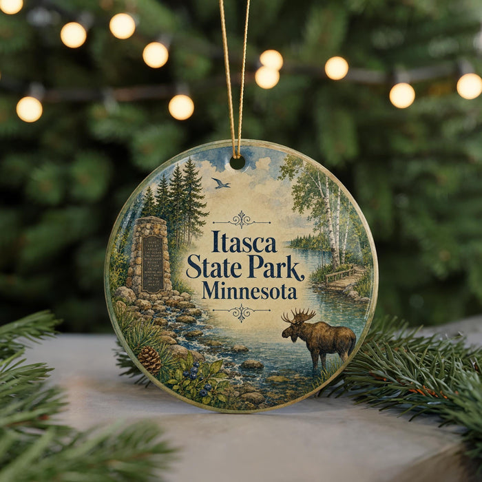 A decorative ornament featuring a moose and a scenic landscape, with the text "Itasca State Park, Minnesota" displayed prominently.