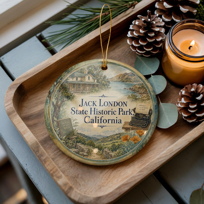 A wooden tray with a decorative ornament featuring a scenic landscape and the text "Jack London State Historic Park, California".