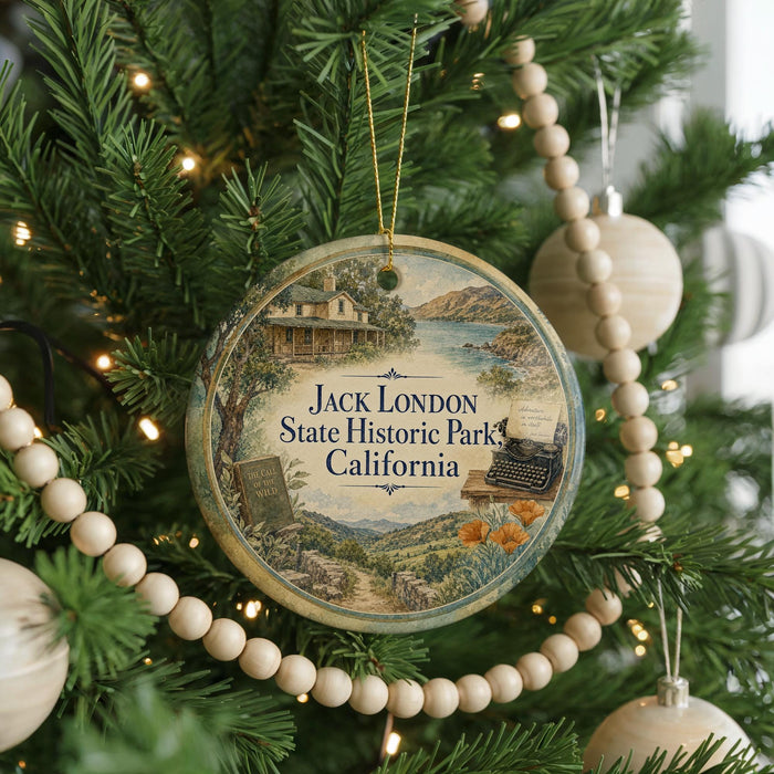 A round ornament hanging on a Christmas tree, featuring an illustration of a house and a typewriter, with the text "Jack London State Historic Park! California" displayed on it.