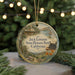 A round ornament with a vintage-style illustration of a house and a typewriter, surrounded by greenery and a scenic landscape, with the text "Jack London State Historic Park California" displayed on it.