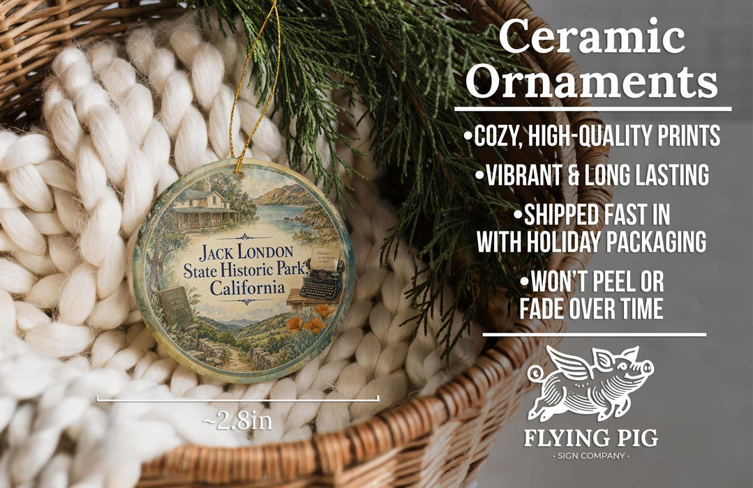 Ceramic ornaments, including a Jack London State Historic Park California ornament, are displayed in a basket.