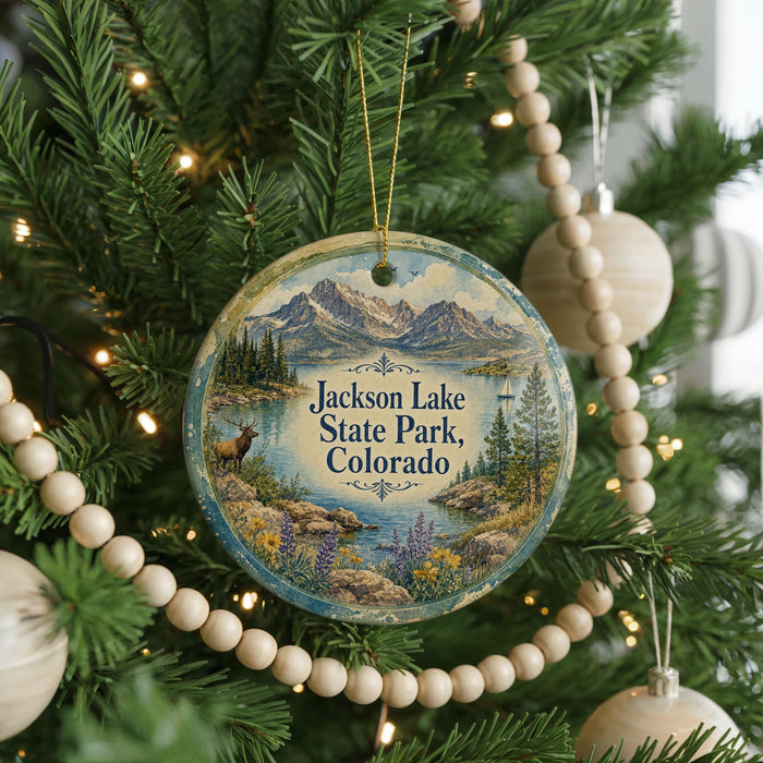A round ornament hanging on a Christmas tree, featuring a scenic landscape of Jackson Lake State Park, Colorado.