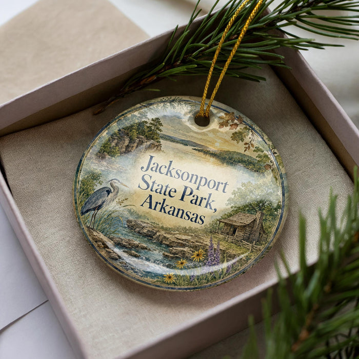A decorative ornament in a box, featuring a scenic landscape with a bird, pine trees, and a cabin, with the text "Jacksport State Park, Arkansas" printed on it.