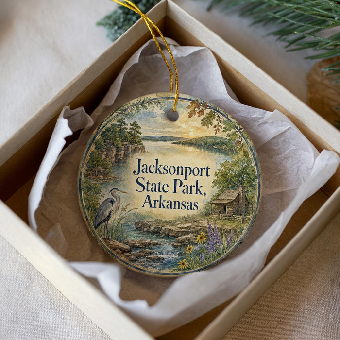 A decorative ornament in a box, featuring a scenic landscape with a bird, a cabin, and a river.