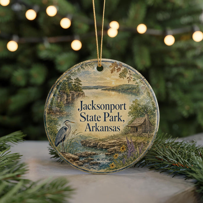 A round ornament with a scenic landscape of Jacksonport State Park, Arkansas, featuring a bird, a cabin, and a river.