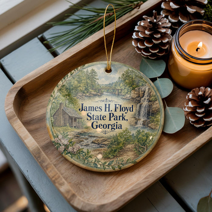 A wooden tray with a decorative ornament featuring a scenic landscape of James H. Floyd State Park, Georgia, along with pine cones and a lit candle.
