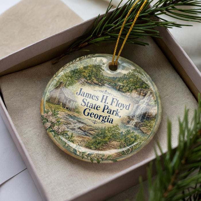 A decorative ornament in a box, featuring a scenic landscape with a waterfall and greenery.