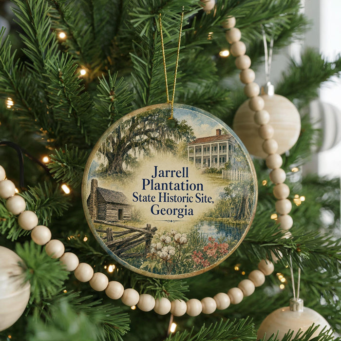 A round ornament hanging on a Christmas tree, featuring an illustration of a historic plantation house surrounded by trees and a pond.