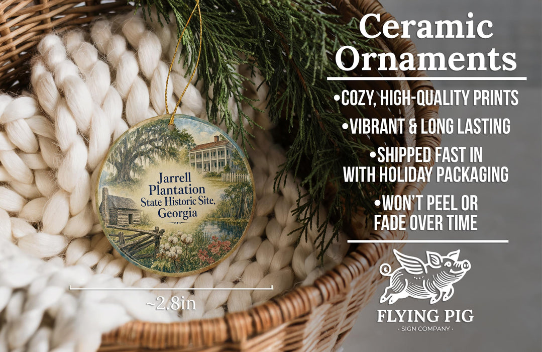 Ceramic ornaments, featuring a detailed illustration of a house and trees, are displayed in a woven basket.