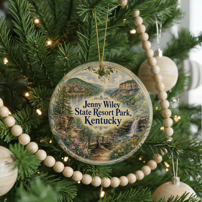 A round ornament hanging on a Christmas tree, featuring a scenic landscape with a waterfall and mountains.