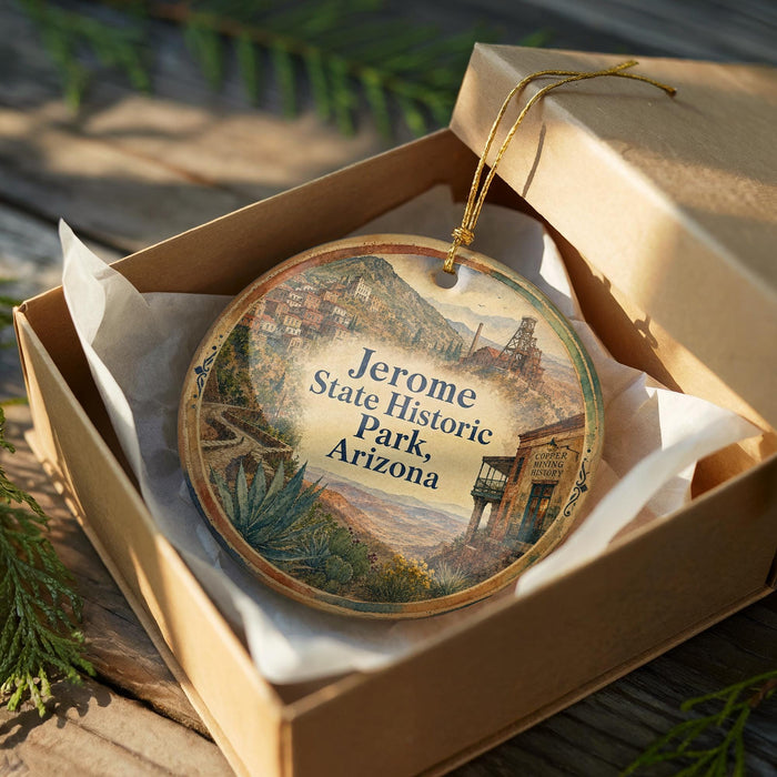 A wooden ornament in a box, featuring an illustration of a historic park in Arizona.