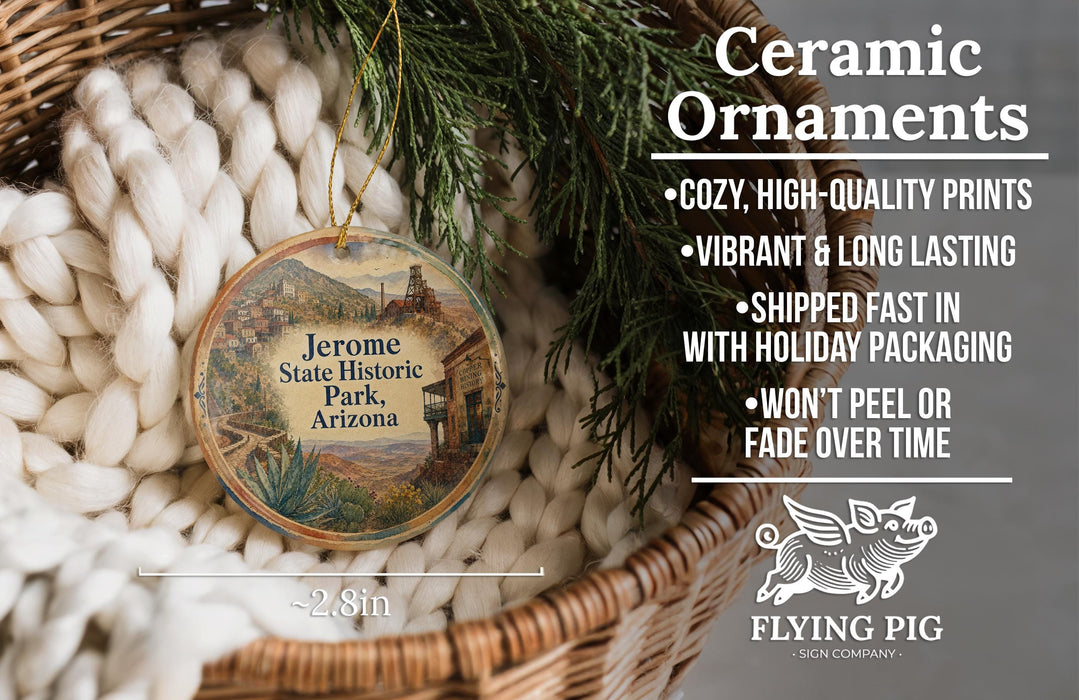Ceramic ornaments, including a round ornament with a desert landscape and a wicker basket, are displayed in the image.