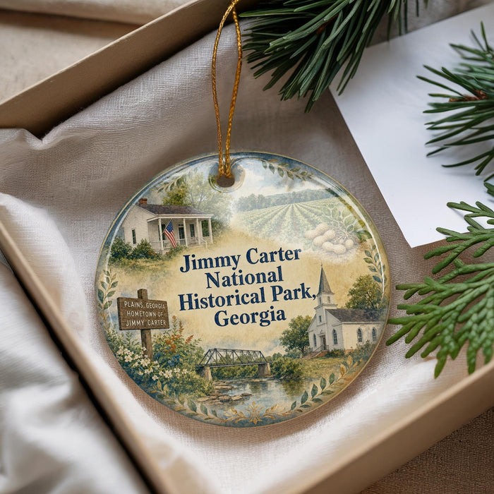 A decorative ornament with a scenic illustration of Jimmy Carter National Historical Park in Georgia, featuring a house, a bridge, and a church.