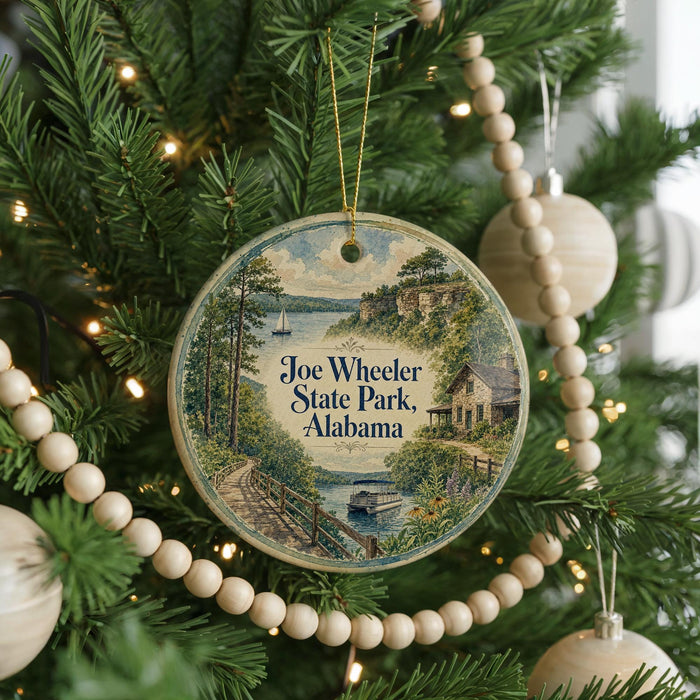 A round ornament hanging on a Christmas tree, featuring a scenic image of Joe Wheeler State Park, Alabama.