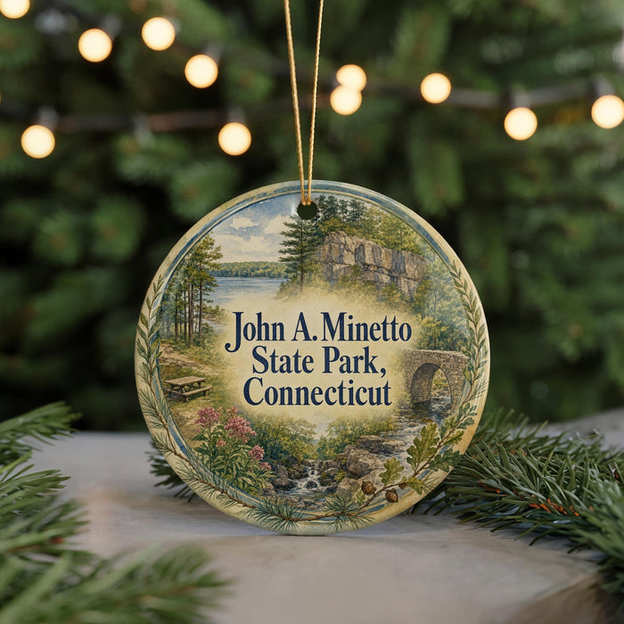 A round ornament with a painting of a scenic landscape, featuring a river, bridge, and trees, hangs in front of a Christmas tree with lights.