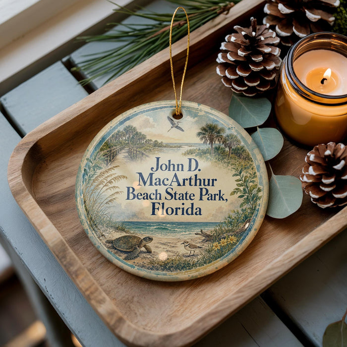 A decorative ornament featuring a beach scene with a turtle and palm trees, placed on a wooden tray next to a lit candle and pine cones.