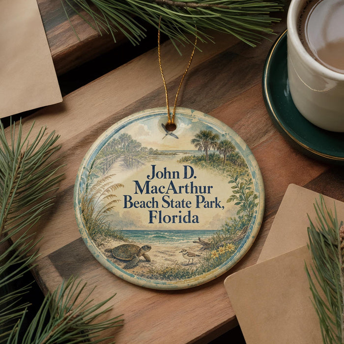 A round ornament with a beach scene and a bird on a sandy beach, surrounded by pine branches and a cup of coffee on a wooden surface.