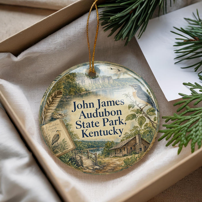 A decorative ornament in a box, featuring a scenic landscape with a bird, a cabin, and a body of water.