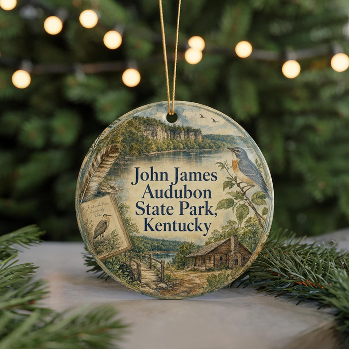 A round ornament with a scenic illustration of John James Audubon State Park, Kentucky, featuring a bird, a cabin, and a lake.