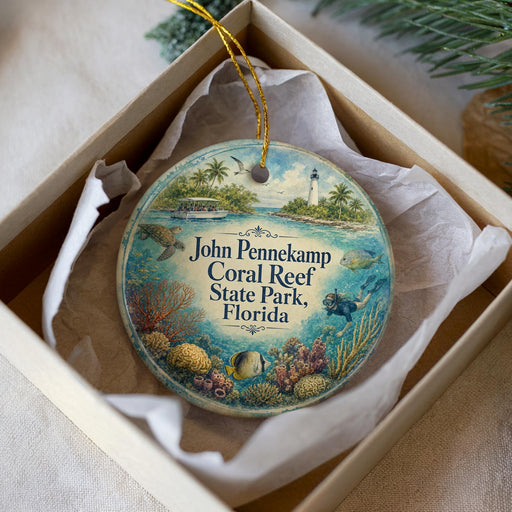 A decorative ornament in a box, featuring an illustration of a coral reef and tropical plants, with text that reads "John Penkamp Coral Reef State Park, Florida".