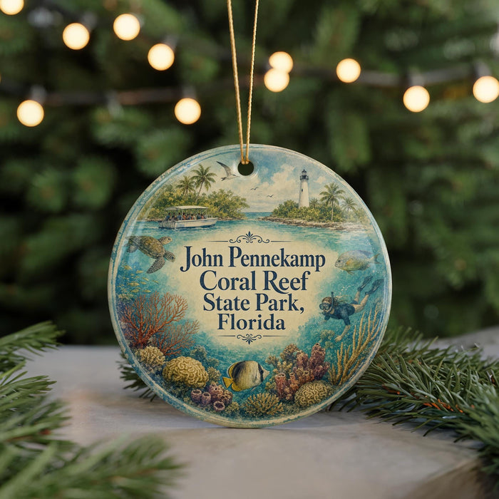 A round ornament with a picture of a lighthouse and a tropical island, surrounded by palm trees and other tropical plants, with the text "John Pennekamp Coral Reef State Park, Florida" displayed on it.