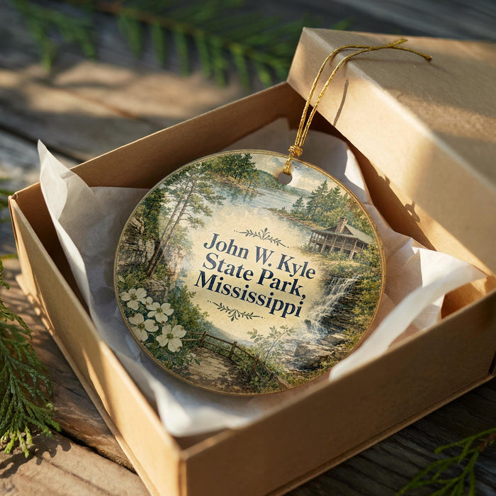 A wooden box containing a decorative ornament with a scenic landscape image, including a house and trees, and the text "John W. Kyle State Park Mississippi" printed on it.