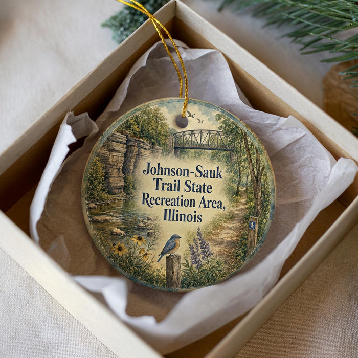 A round ornament with a scenic illustration of a trail in the Johnson-Sauk Trail State Recreation Area, Illinois.