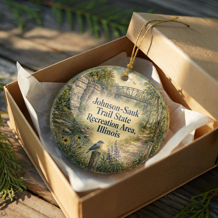 A decorative ornament in a box, featuring a scenic image of a trail in the Johnson-Sauk Trail State Recreation Area, Illinois.