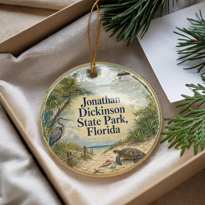 A round ornament with a beach scene and a bird is displayed in a box, surrounded by pine branches.