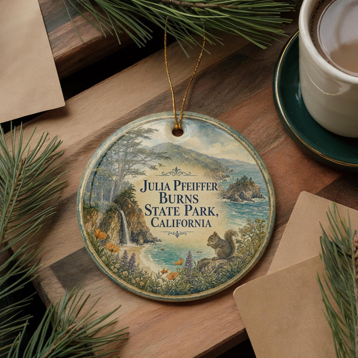 A round ornament with a scenic landscape of Julia Pfeiffer Burns State Park, California, featuring a squirrel and pine trees, is displayed on a wooden surface alongside a cup of coffee and some papers.