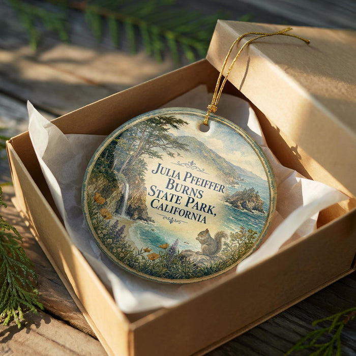 A wooden box containing a decorative ornament with a scenic landscape of a forest, a waterfall, and a squirrel.