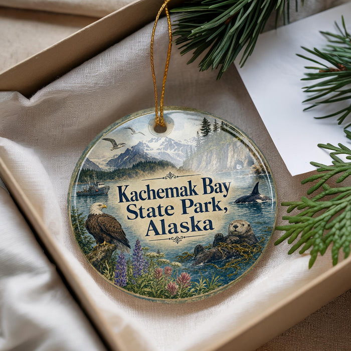A decorative ornament with a scenic image of Kachemak Bay State Park, Alaska, featuring a bald eagle, a whale, and other wildlife.