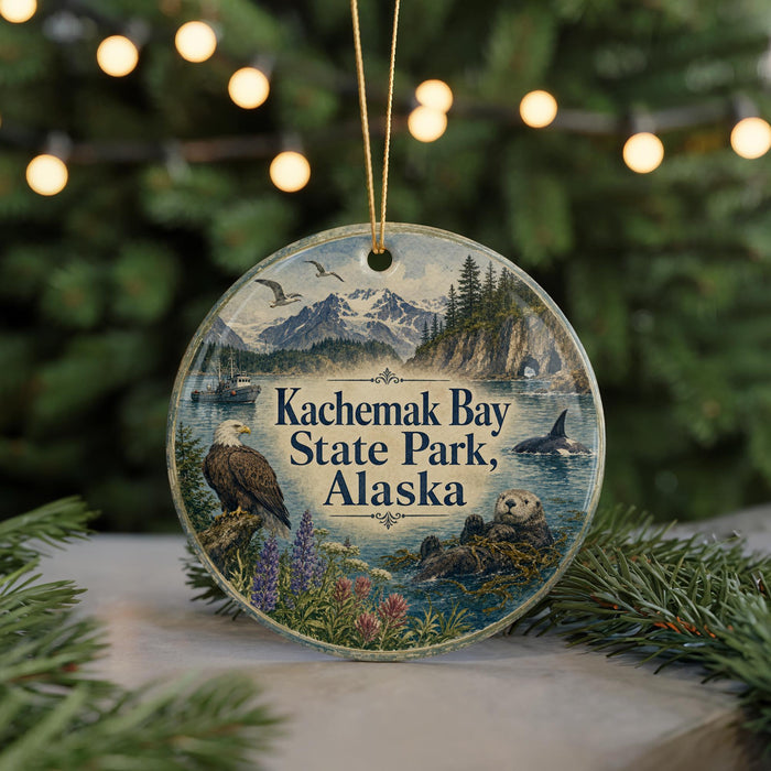 A circular ornament featuring a scenic landscape of Kachemak Bay State Park, Alaska, with a bald eagle, a bear, and a salmon in the water.