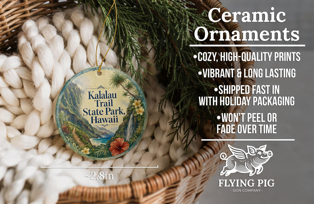 Ceramic ornaments, featuring a tropical design with palm trees and a waterfall, are displayed in a woven basket.