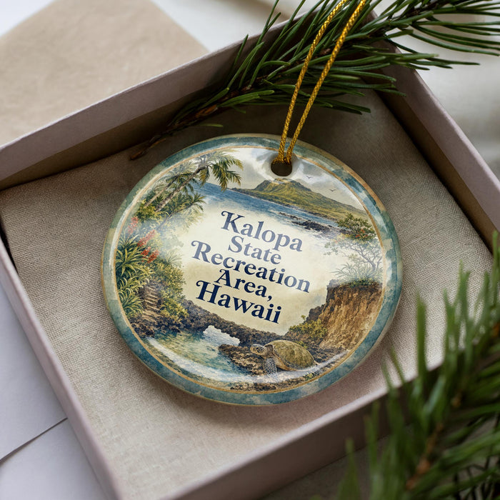 A circular ornament with a tropical beach scene and palm trees, placed in a box with pine branches.