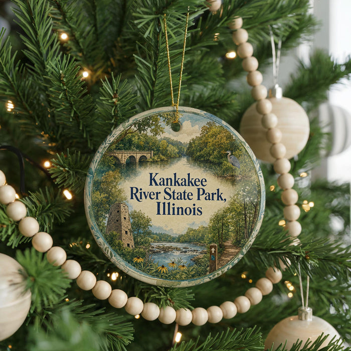 A round ornament on a Christmas tree, featuring a scenic image of Kankakee River State Park, Illinois.